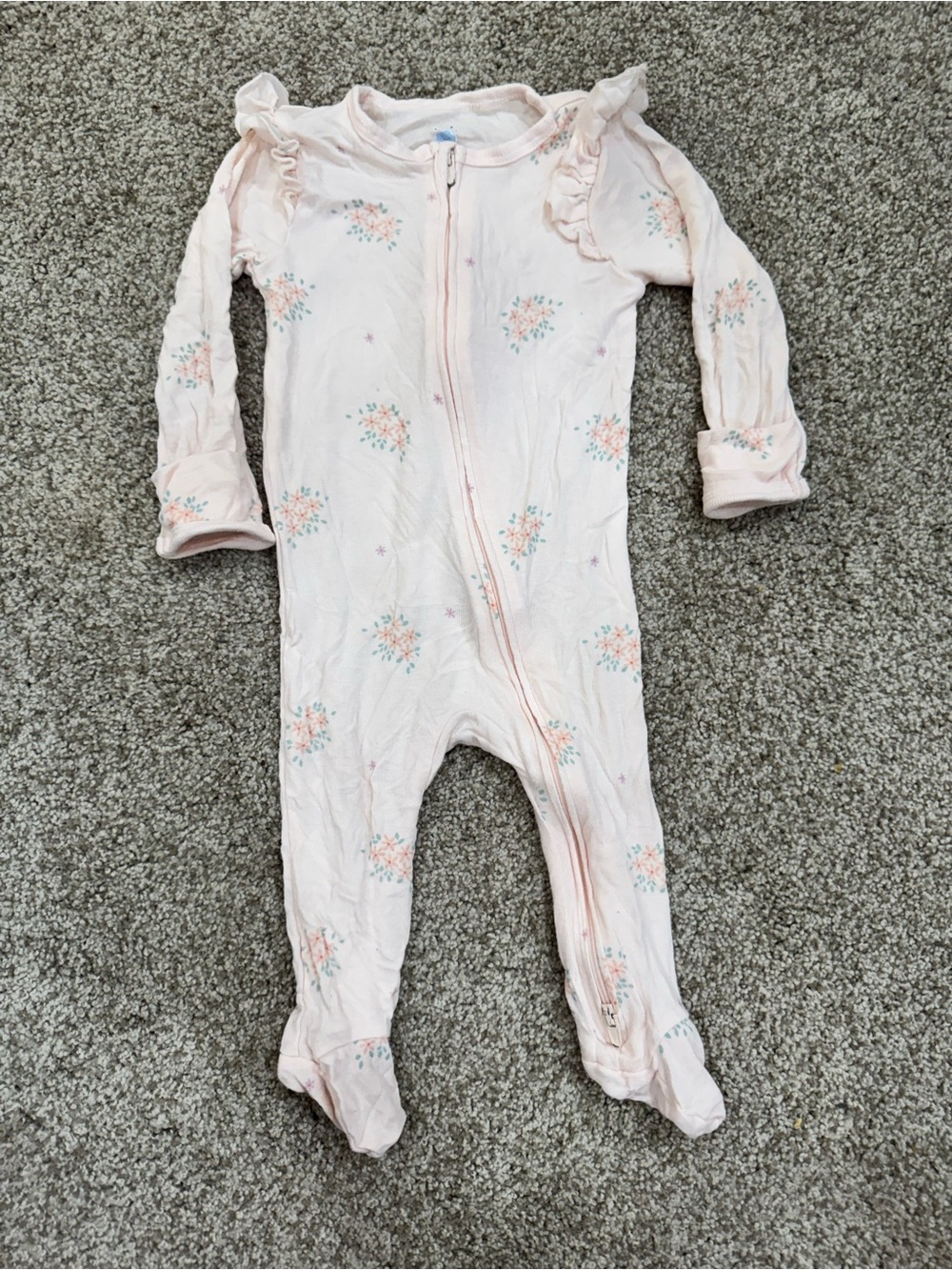 cloud island Pink Floral Zip-Front Footie with Ruffle Shoulders